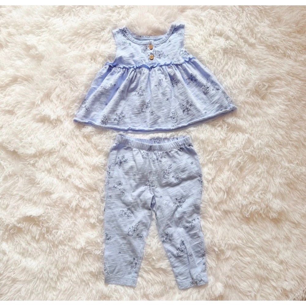 Carter's Baby Girl 9M Blue Floral Slub Knit Top and Pants 2-Piece Set
